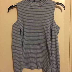 Grey & Blue Striped Cold Shoulder Top